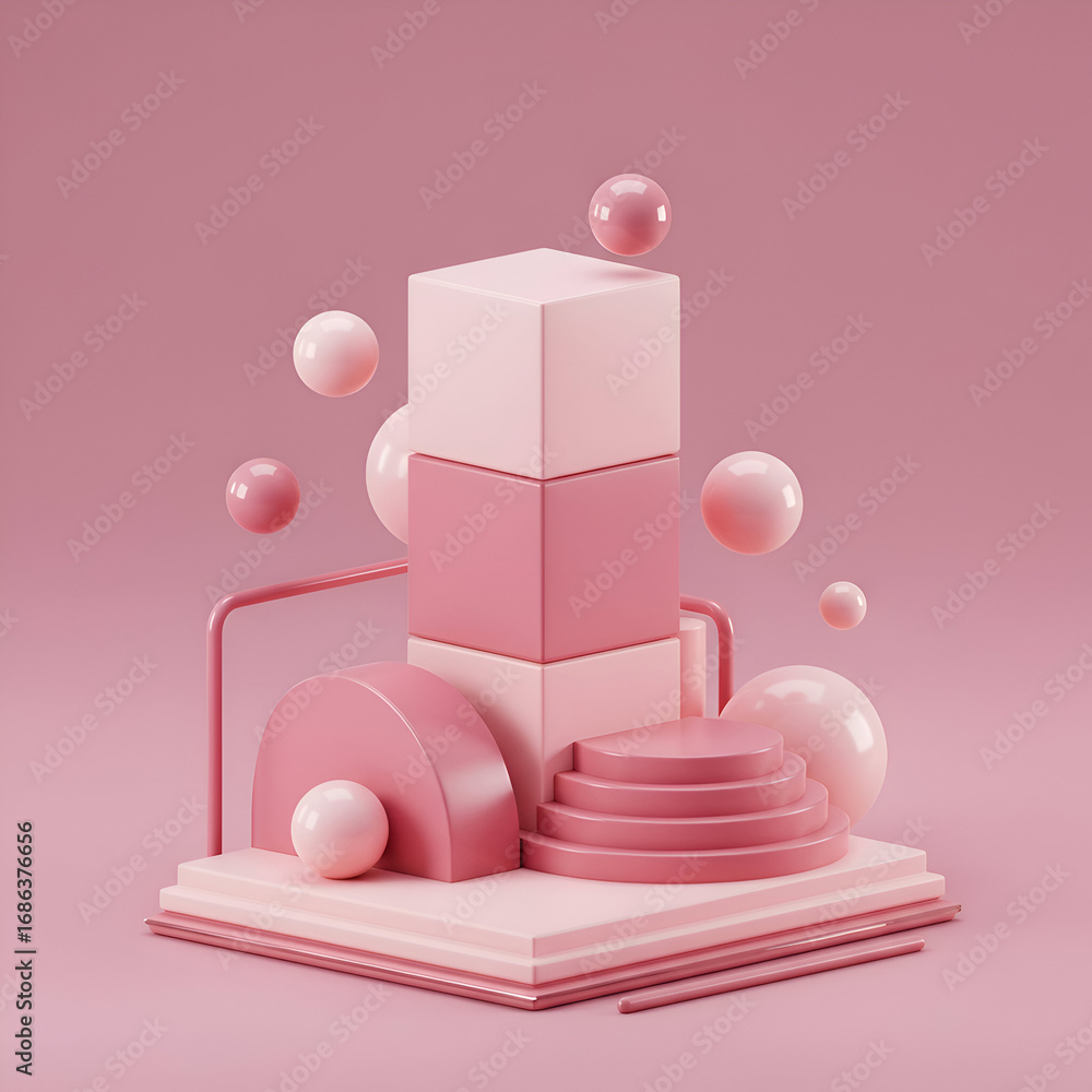 Poster pink geometric shapes composition with floating spheres. abstract display elements arranged in a mod