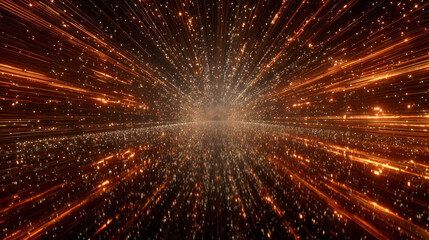 Orange-gold light rays and sparkling particles flow through a glowing mirror tunnel, creating a high-tech, magical, and dynamic digital background with bokeh effects.