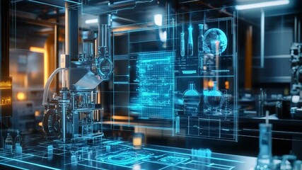 Futuristic laboratory showing holographic data and chemical equipment - Powered by Adobe