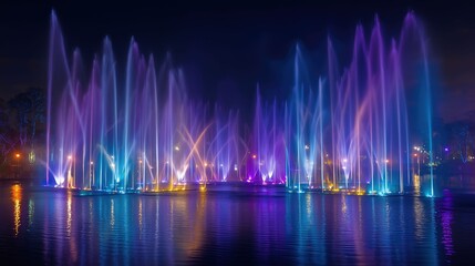 噴水ショーとライトの反射