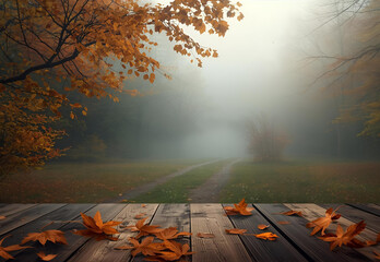 autumn in the forest with wooden table 