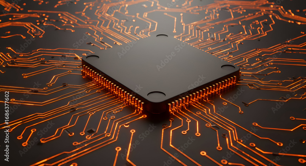 Aufkleber 3D render of a computer chip positioned on a circuit board with glowing orange pathways. A detailed close-up view of technological components.