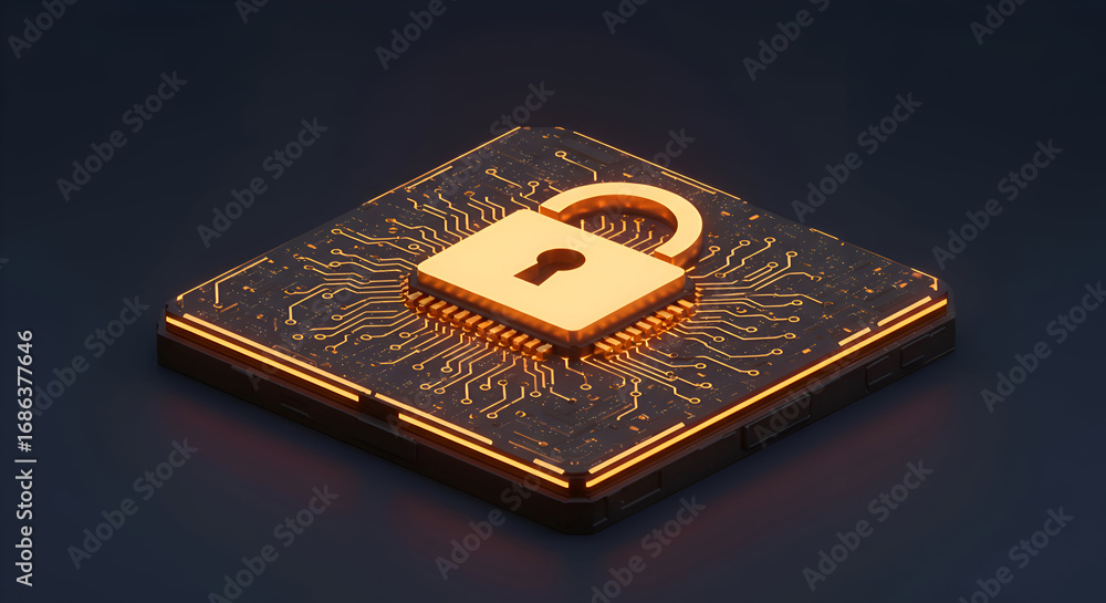Aufkleber Golden padlock icon on illuminated circuit board. Abstract representation of cyber security technology. Modern technology professional.. 3D rendering.