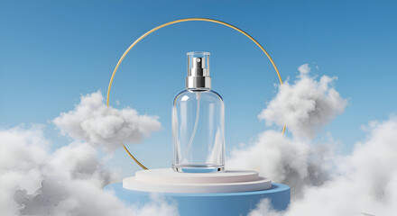 Empty glass spray bottle displayed on a multi-tiered, light blue and white podium amidst floating clouds against a clear blue sky.