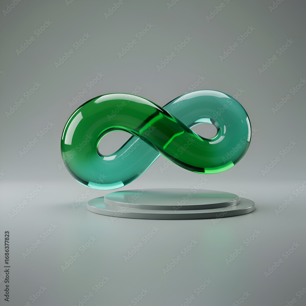 Poster glass infinity symbol on a gray pedestal with gradient colors. abstract design element displayed in 