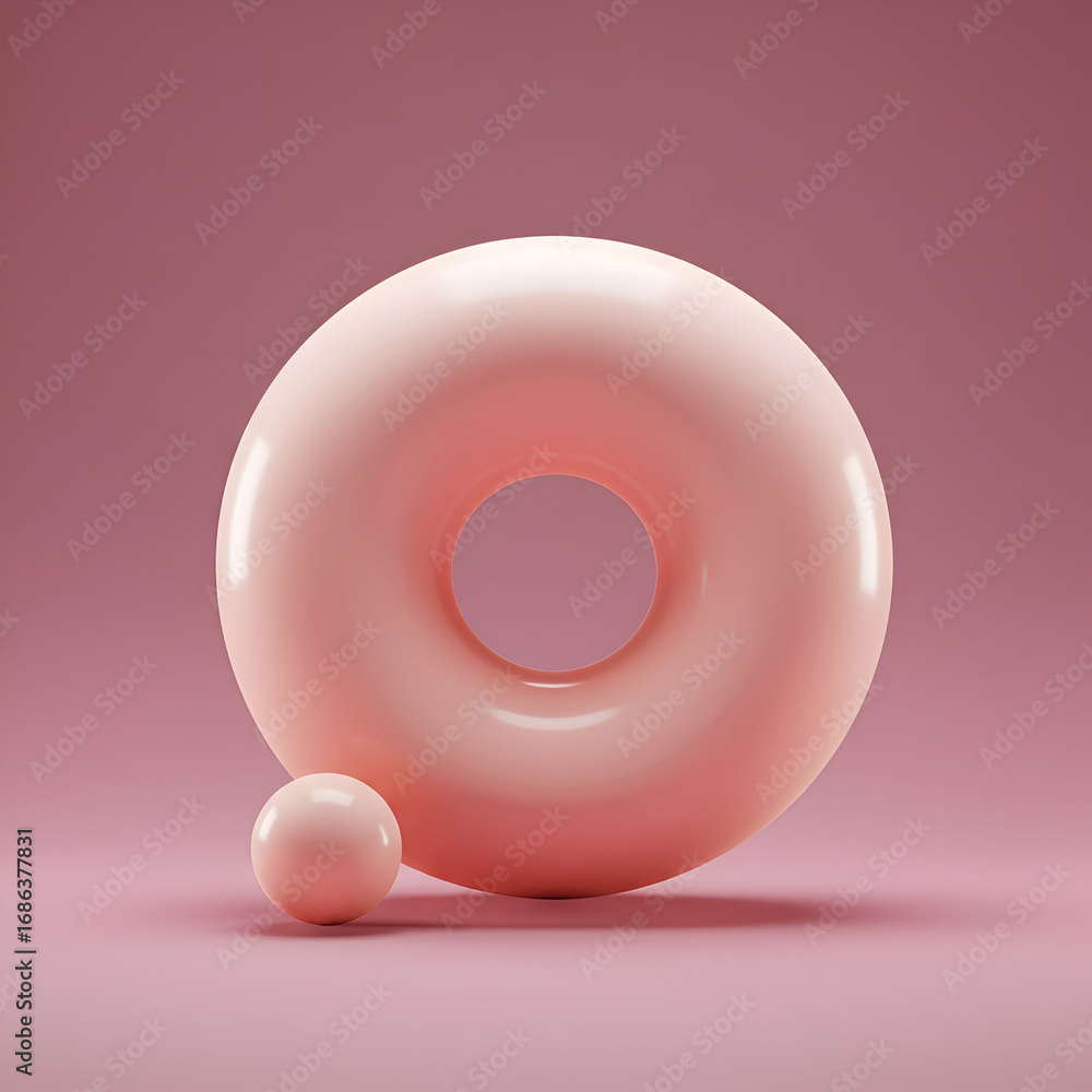 Poster pink donut-shaped object with a small sphere positioned beside it on a mauve background. geometric s