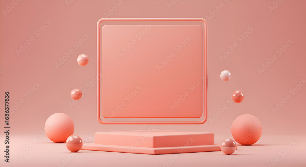 Poster pink geometric display podium with floating spheres in a minimalist setting. abstract product presen