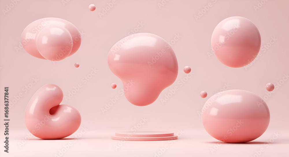 Poster pink abstract shapes on a soft pink background with a simple podium. floating forms in a minimal, pa