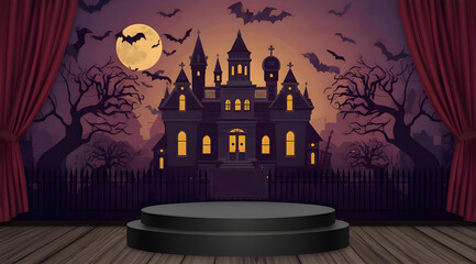 Halloween house podium display with curtain 