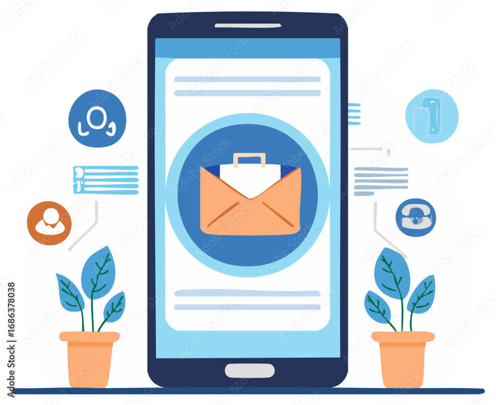 Poster mobile phone screen showing email application with various online service icons