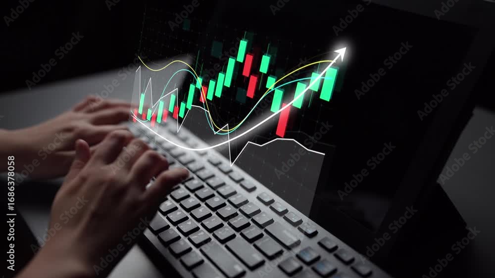 Poster a close-up of hands typing on a laptop while displaying a financial chart on the screen, featuring g