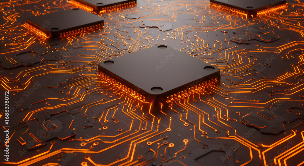 Aufkleber abstract computer circuit board with glowing orange traces and dark chips. detailed close-up view of