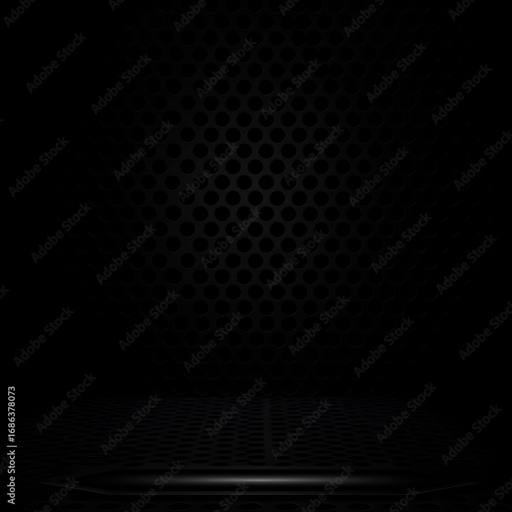 Poster black perforated metal backdrop with subtle lighting. empty stage or product display area with a dar