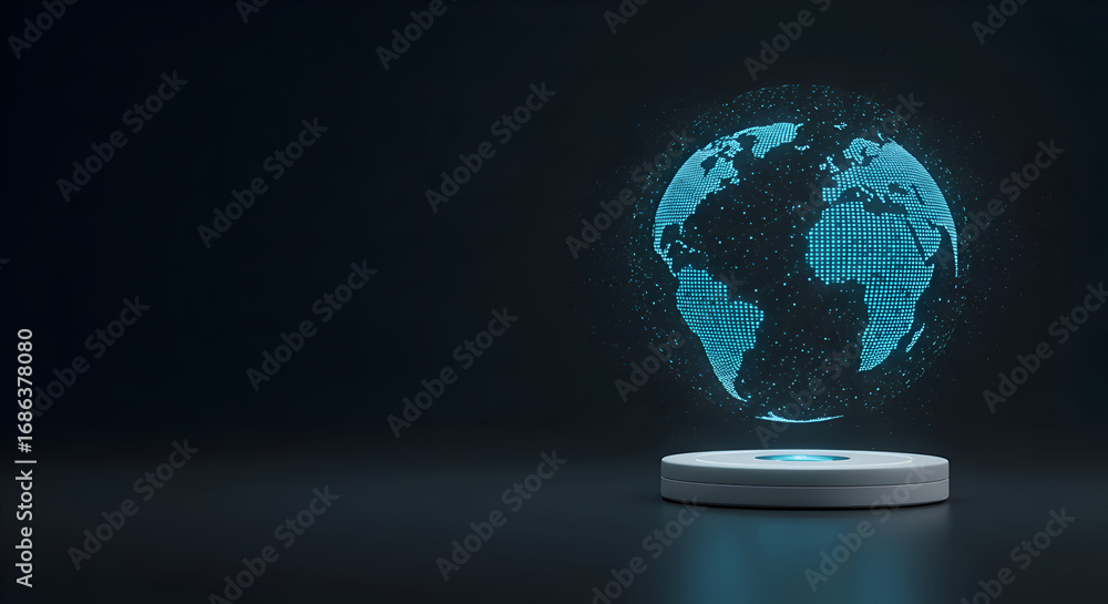 Poster abstract representation of earth with glowing pixelated map design on a dark background. floating gl