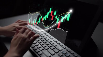 A close-up of hands typing on a laptop while displaying a financial chart on the screen, featuring green and red candlesticks and an upward trend line against a dark backdrop. Copula - Powered by Adobe
