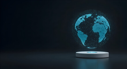 Abstract representation of Earth with glowing pixelated map design on a dark background. Floating globe with a simple pedestal.