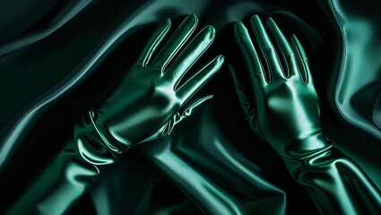 Pair of women’s evening gloves in glossy emerald green on silky background, elegant fashion accessory, place for advertising, promo actions, advert banners, branding, podium style, theater style,  