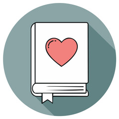 Book with a heart on the cover and bookmark, flat design vector icon for love of reading or romance
