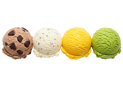 Four scoops of ice cream isolated on transparent background