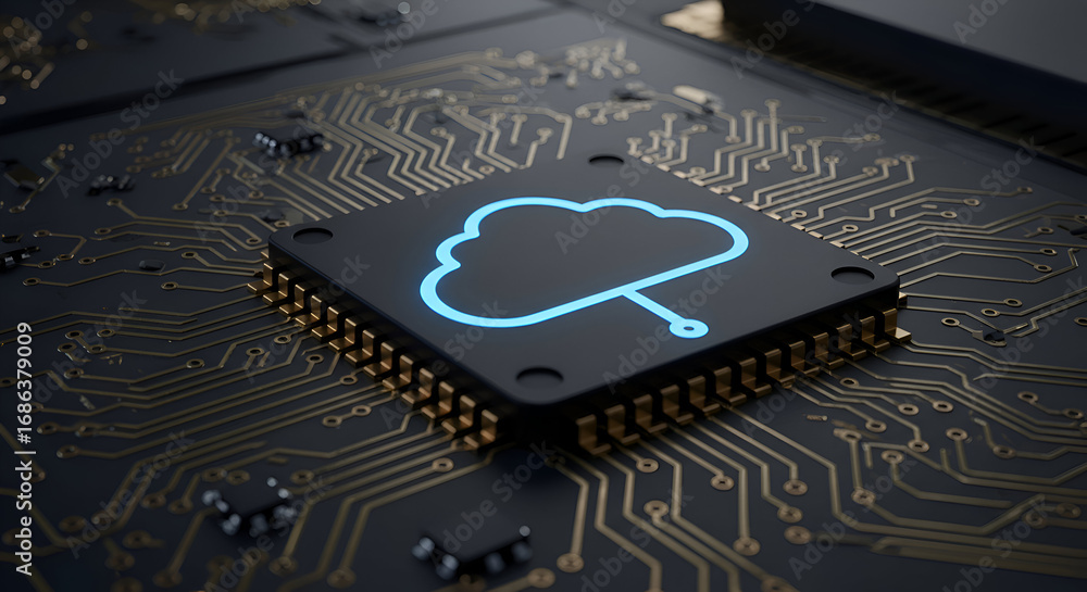 Aufkleber cloud computing technology icon on a circuit board. glowing light blue cloud symbol on a circuit boa