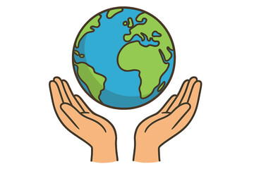 Hands holding planet Earth vector cartoon. Globe care icon. Save the planet concept. Environmental conservation, global community, peace, charity and support symbol.