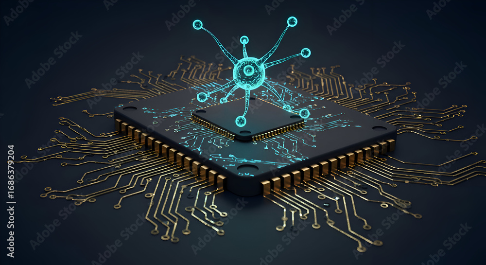 Aufkleber modern computer microchip with glowing network of connections. abstract representation of data proce