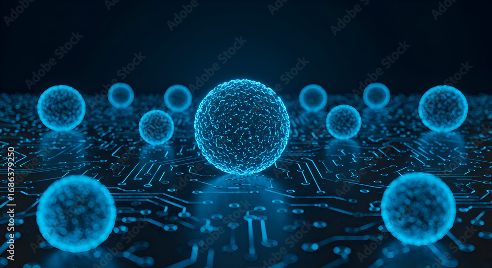 Aufkleber abstract glowing spheres on a circuit board. 3d rendering of digital particles floating over a circu