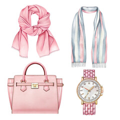 Watercolor Fashion Accessories Set with Pink Scarf Striped Scarf Pink Handbag and Wristwatch on Black Background Stylish Accessories for Women