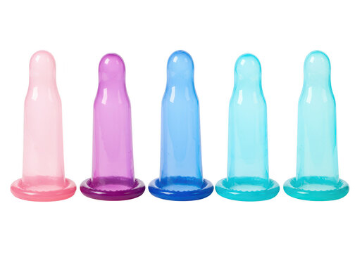 Five colorful condoms isolated on transparent background