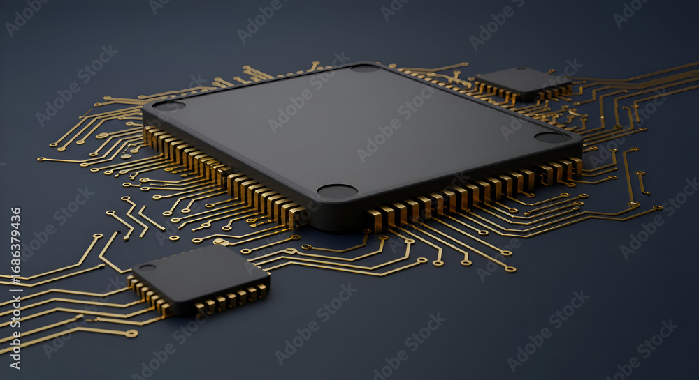Aufkleber modern circuit board with multiple microchips in a dark gray background. complex circuit layout with