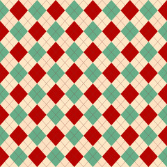 Classic red and green argyle seamless pattern with cream background, perfect for Christmas designs, textiles, and retro holiday projects