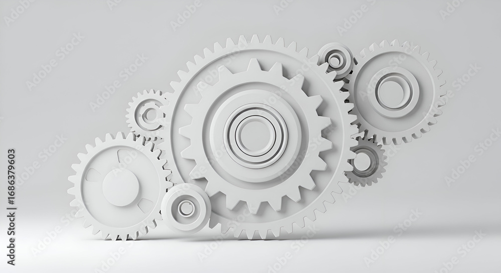 Poster Abstract arrangement of interconnected white gears in a minimalist setting. Interlocking mechanical components displayed in a studio environment.