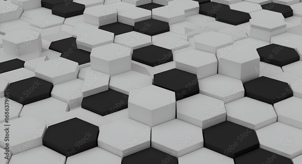 Poster Abstract geometric pattern of interlocking hexagons in white and black. Abstract design with no people or objects. 3D render of a repeating pattern of stacked hexagons.