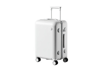 A plain, white, hard-shell suitcase with wheels and a handle