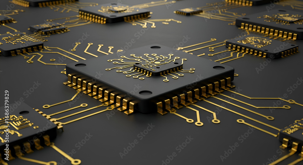 Aufkleber close-up of complex computer circuit board with gold connectors on a dark background. sophisticated 