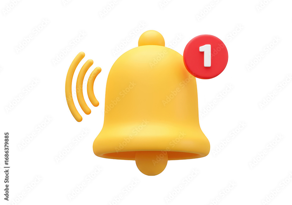 Poster 3d yellow notification bell with a red circle and number 1 isolated on transparent background