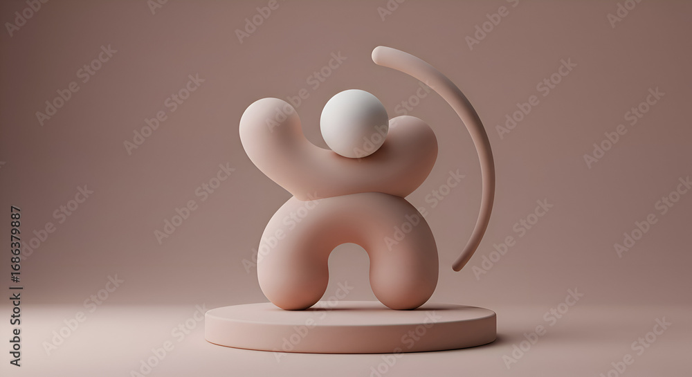 Poster abstract figure with a light-colored sphere atop, posing dynamically on a light-pink pedestal in a n