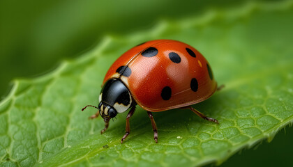 Fototapeta premium Close-up of a ladybug resting on a fresh green leaf, macro insect photography in nature