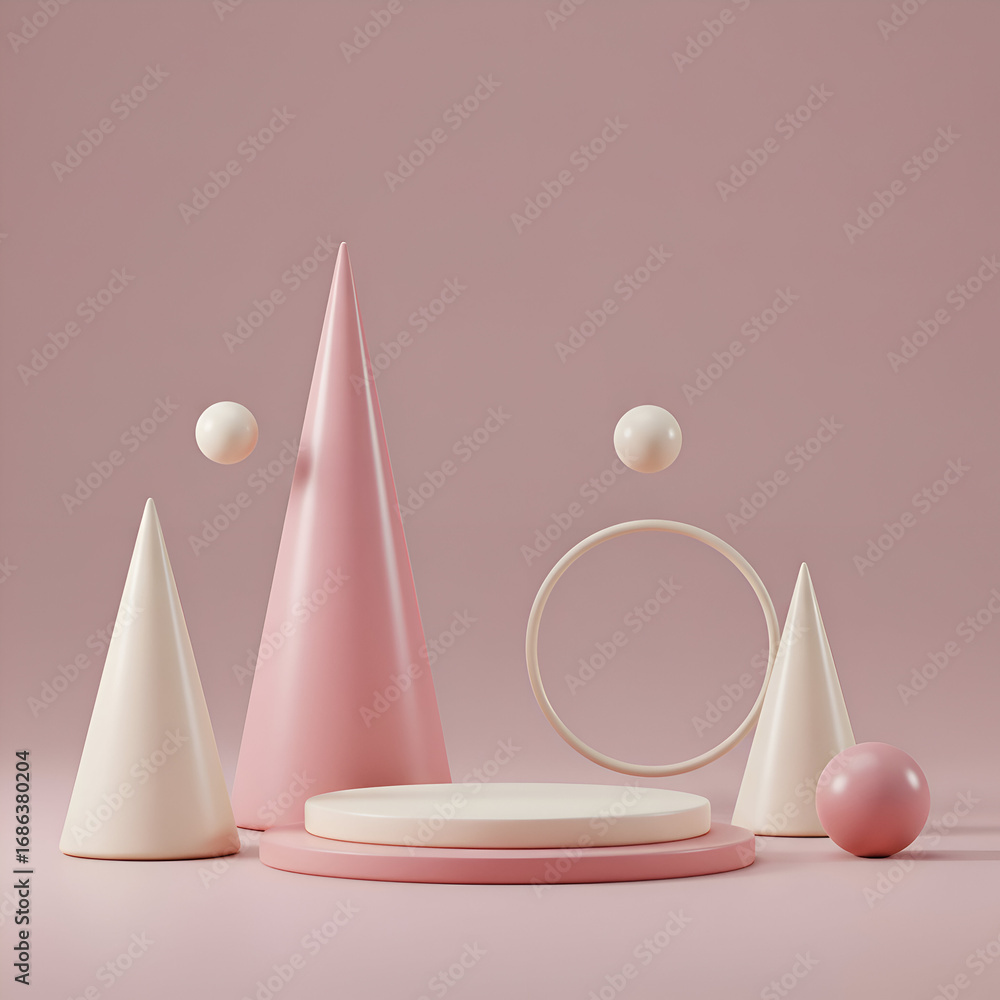 Poster pink and cream geometric shapes in a minimalist setting. abstract display elements with a floating o