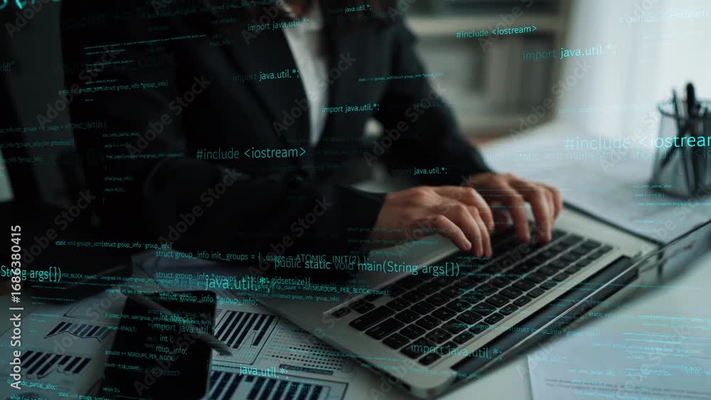Poster a focused individual types on a laptop in a modern workspace, surrounded by floating code and digita