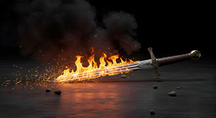 A fiery medieval sword lies on a dark surface, engulfed in flames and sparks. Action shot of a historical weapon on a dark, rocky surface.