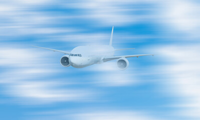 Commercial airplane between clouds. passaner plane flies on the sky framed by cumulus clouds