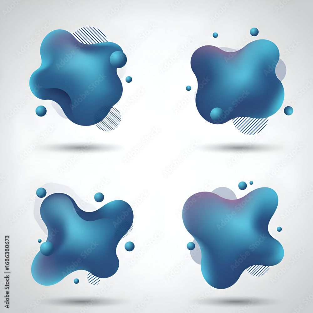 Poster abstract blue fluid shapes with soft gradients and geometric accents on a light background. four flu