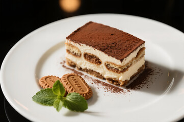 Tiramisu with Mint and Cookies on a Plate