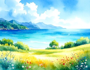 Watercolor landscape of a meadow by the sea