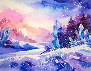 Watercolor landscape of a winter wonderland with sparkling crystals