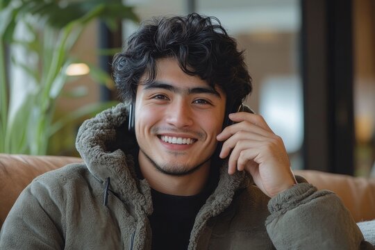 Close-up photo of a young male teacher wearing a headset and suit, sitting in front of the camera while teaching remotely via an online video call, sharing knowledge with students, Generative AI