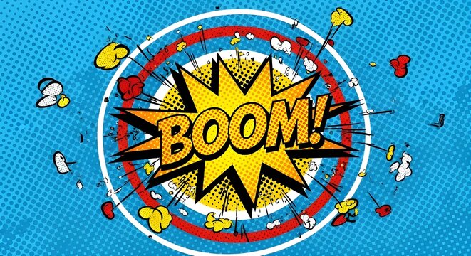 Comic-style Boom explosion with halftone background - Powered by Adobe