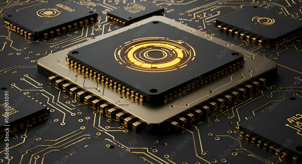 Aufkleber black and gold circuit board with intricate processor chips. modern, technological components with a