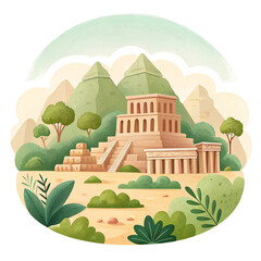 Watercolor illustration of ancient Mesoamerican pyramid complex with tropical vegetation mountains and cloudy sky evoking history adventure and cultural exploration travel destination concept